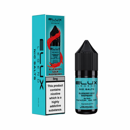 Ellux Legend Nic Salts Blueberry Sour Raspberry e-liquid bottle and packaging on a white background