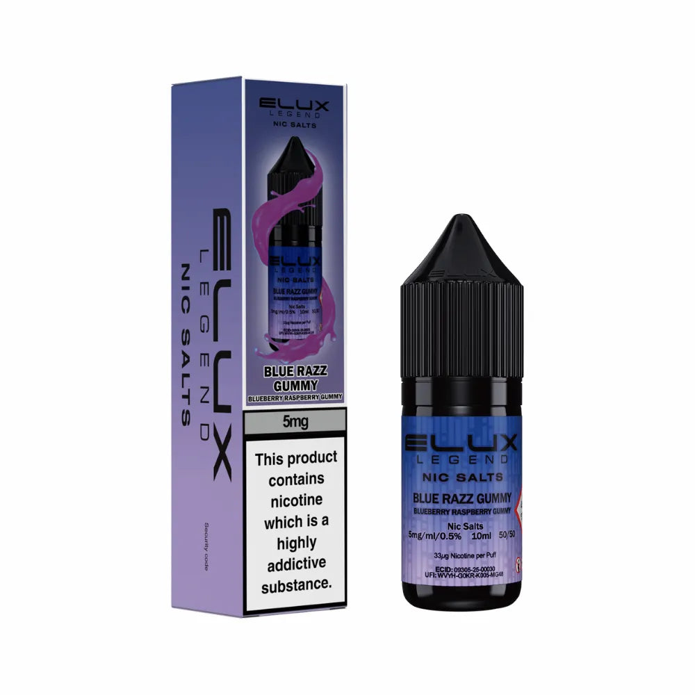 Elux Legend Nic Salts Blue Razz Gummy vape juice bottle and packaging on a white background