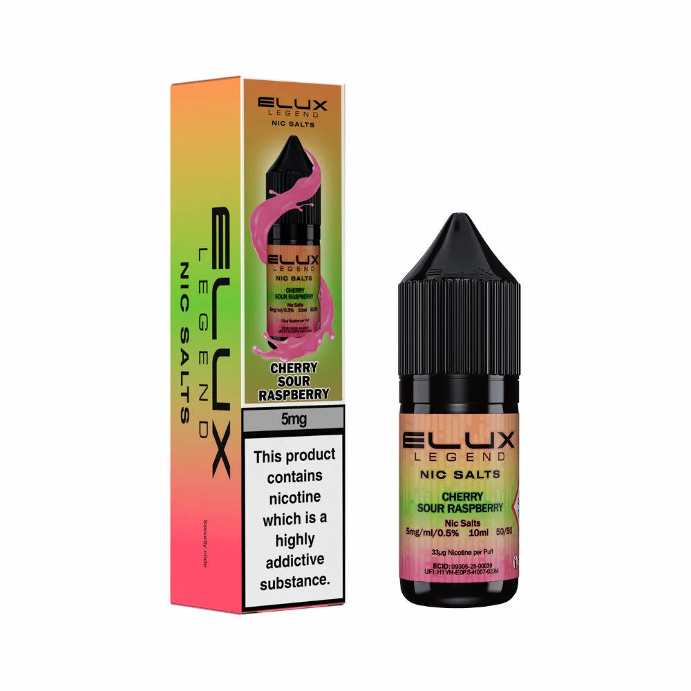 Elux Legend Nic Salts Cherry Sour Raspberry vape juice bottle and packaging on a white background