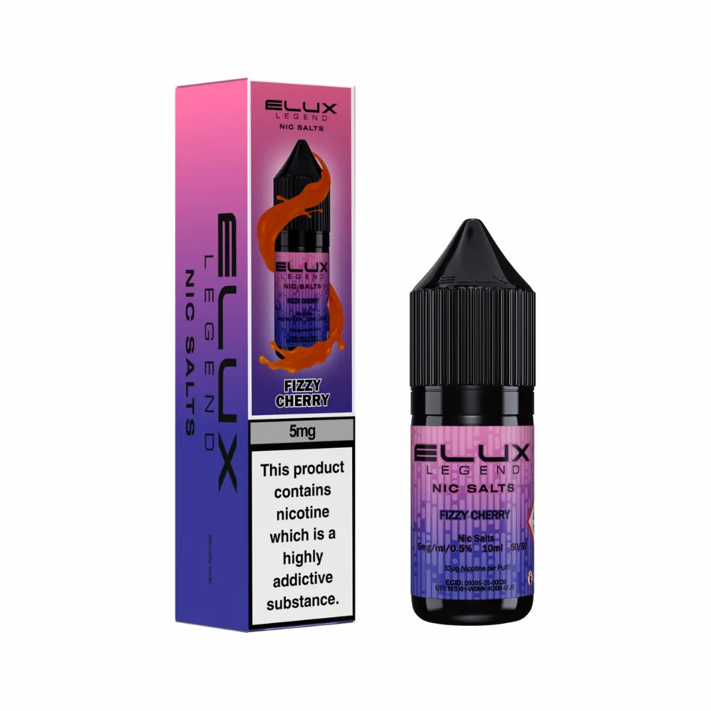 Ellux Legend Nic Salts Fizzy Cherry vape juice bottle and packaging on a white background