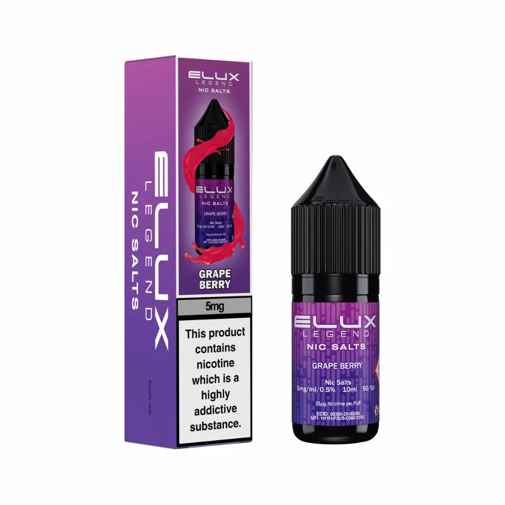 Elux Legend Nic Salts Grape Berry vape juice bottle and packaging on a white background