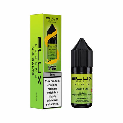 Ellux Legend Nic Salts Lemon & Lime e-liquid bottle and packaging on a white background