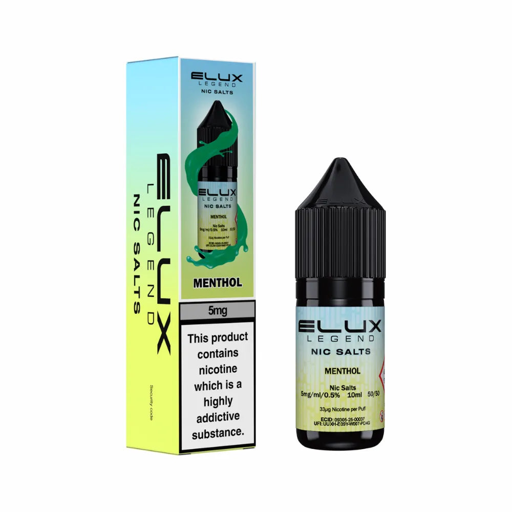 Elux Legend Nic Salts Menthol vape juice bottle and packaging on a white background