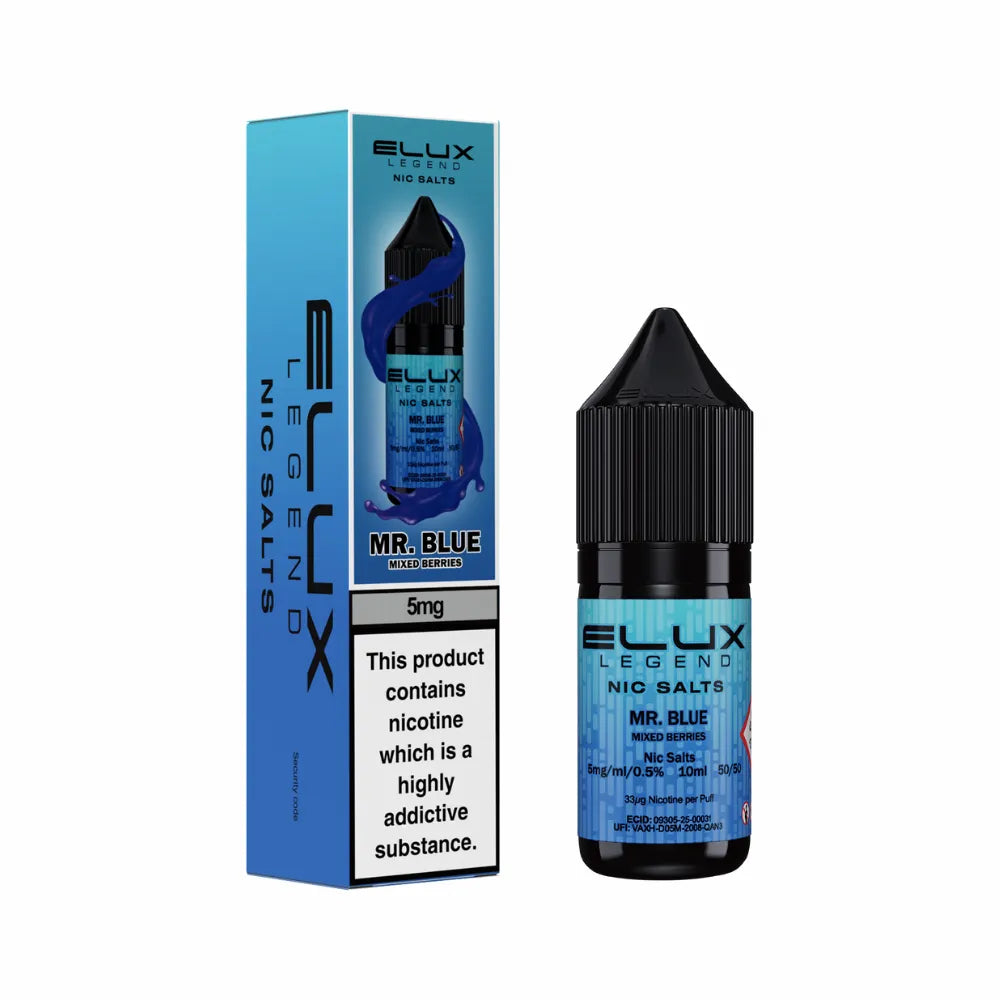Elux Legend Nic Salts Mr. Blue vape juice bottle and packaging on a white background
