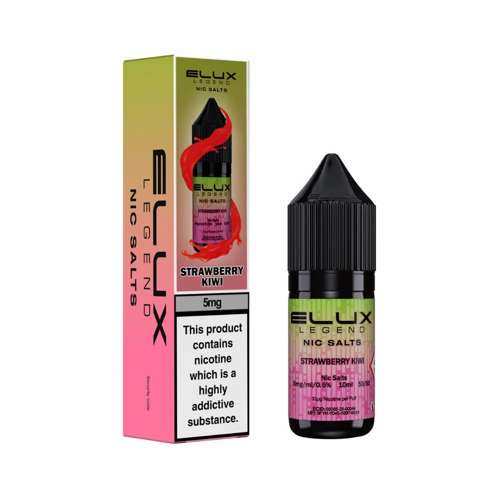 Ellux Legend Nic Salts Strawberry Kiwi e-liquid bottle and packaging on a white background