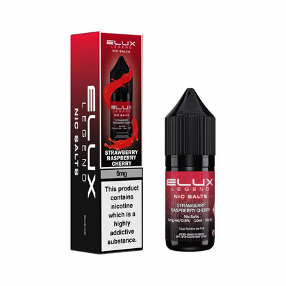 Ellux Legend Nic Salts Strawberry Raspberry Cherry e-liquid bottle and packaging on a white background