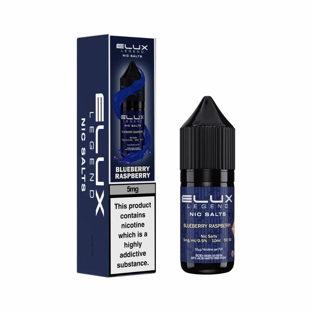 Ellux Legend Nic Salts Blueberry Raspberry vape juice bottle and packaging on a white background