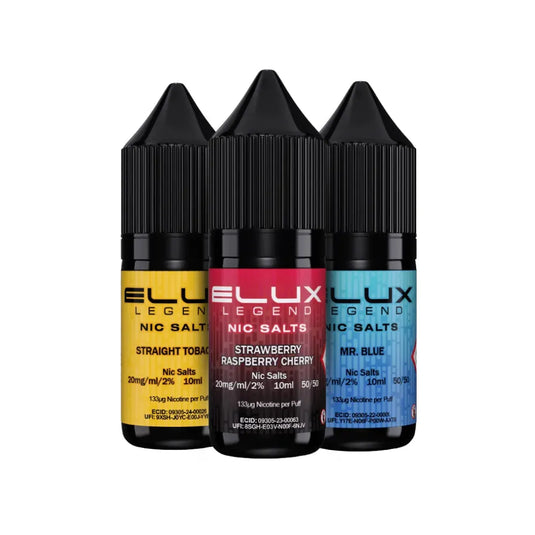 Three bottles of Elux Legend Nic Salts on a white background