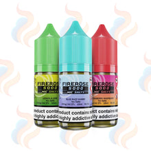Three bottles of Firerose 5000 Nic Salts with colorful labels on a white background.