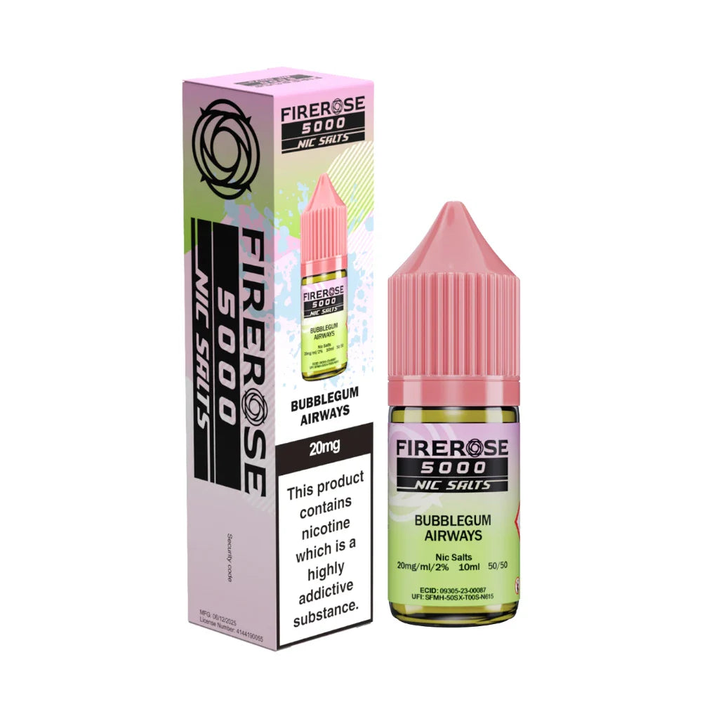 Elux Firerose 5000 nic salt e-liquid bottle in "Bubble Gum Airways" flavour with colourful packaging on a white background.