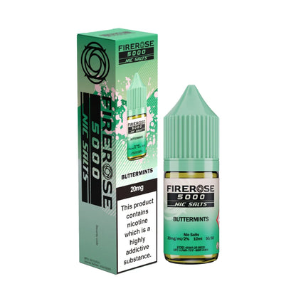 Elux Firerose 5000 nic salt e-liquid bottle in "Butter Mints" flavour with colourful packaging on a white background.