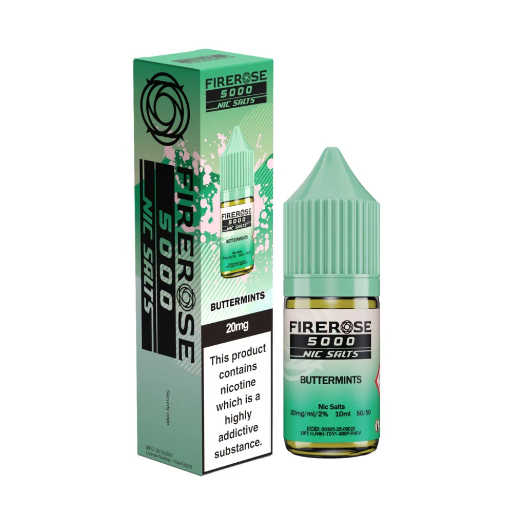 Elux Firerose 5000 nic salt e-liquid bottle in "Butter Mints" flavour with colourful packaging on a white background.