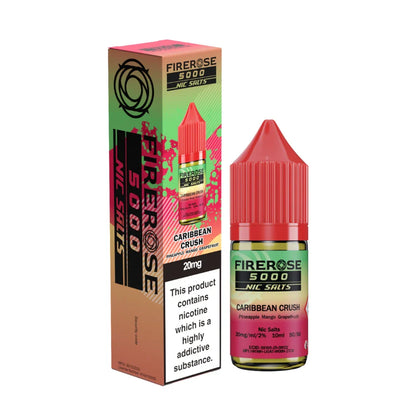 Elux Firerose 5000 nic salt e-liquid bottle in "Caribbean Crush" flavour with colourful packaging on a white background.