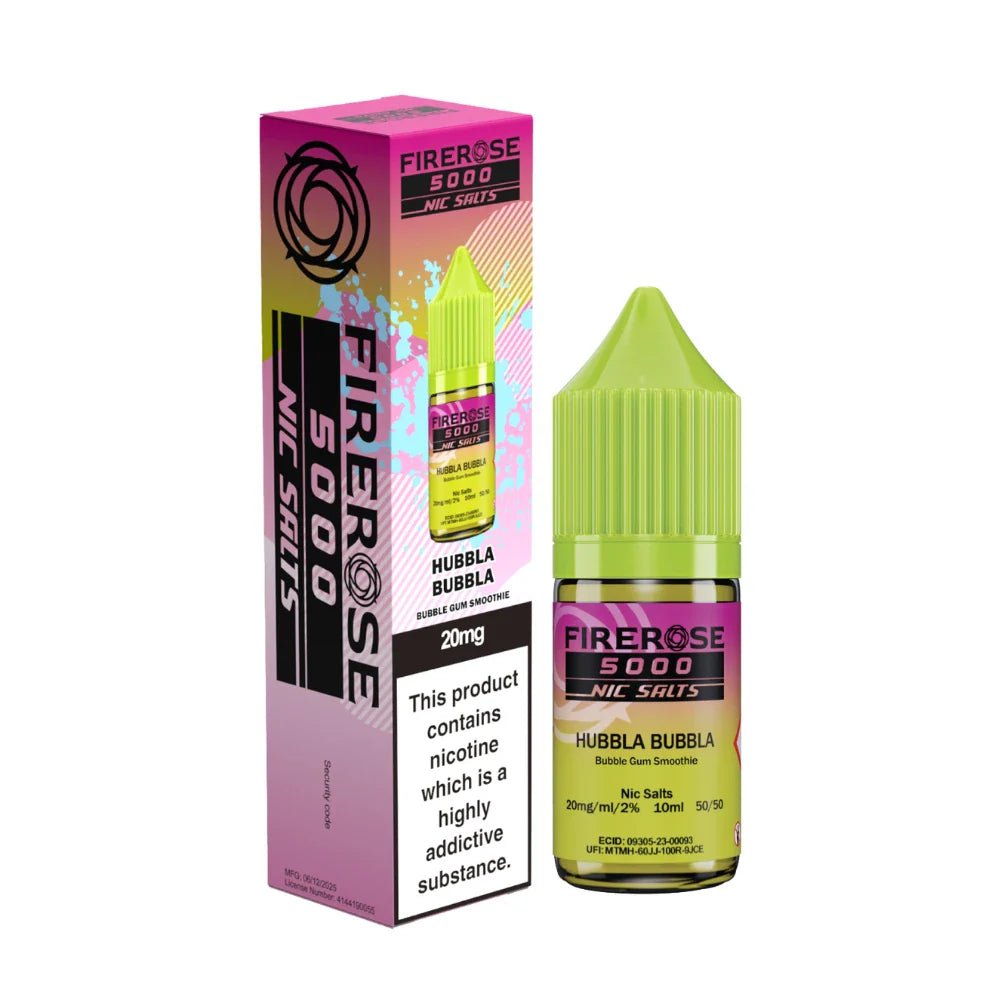 Elux Firerose 5000 nic salt e-liquid bottle in "Hubbla Bubbla" flavour with colourful packaging on a white background.