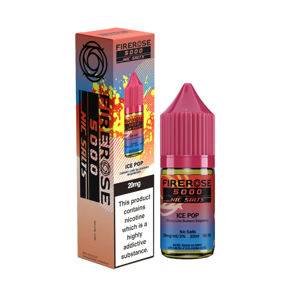 Elux Firerose 5000 nic salt e-liquid bottle in "Ice Pop" flavour with colourful packaging on a white background.