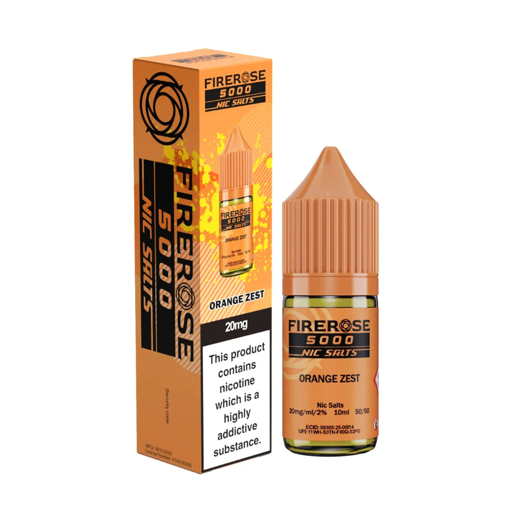 Elux Firerose 5000 nic salt e-liquid bottle in "Orange Zest" flavour with colourful packaging on a white background.