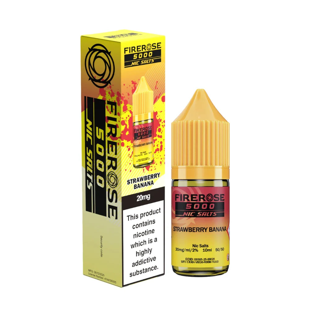 Elux Firerose 5000 nic salt e-liquid bottle in "Strawberry Banana" flavour with colourful packaging on a white background.