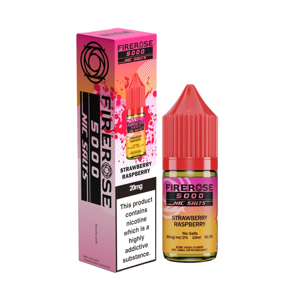 Elux Firerose 5000 nic salt e-liquid bottle in "Strawberry Raspberry" flavour with colourful packaging on a white background.