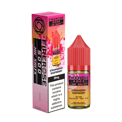 Elux Firerose 5000 nic salt e-liquid bottle in "Strawberry Raspberry" flavour with colourful packaging on a white background.