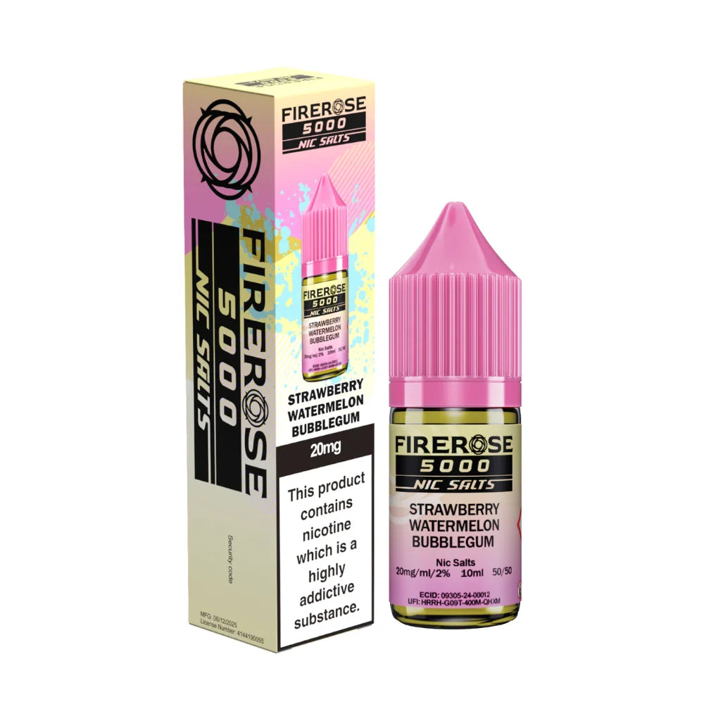 Elux Firerose 5000 nic salt e-liquid bottle in "Strawberry Watermelon Bubble Gum" flavour with colourful packaging on a white background.