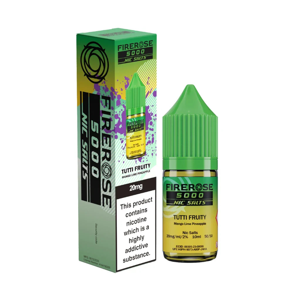 Elux Firerose 5000 nic salt e-liquid bottle in "Tutti Fruity" flavour with colourful packaging on a white background.