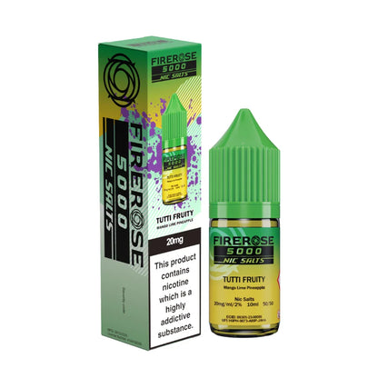 Elux Firerose 5000 nic salt e-liquid bottle in "Tutti Fruity" flavour with colourful packaging on a white background.