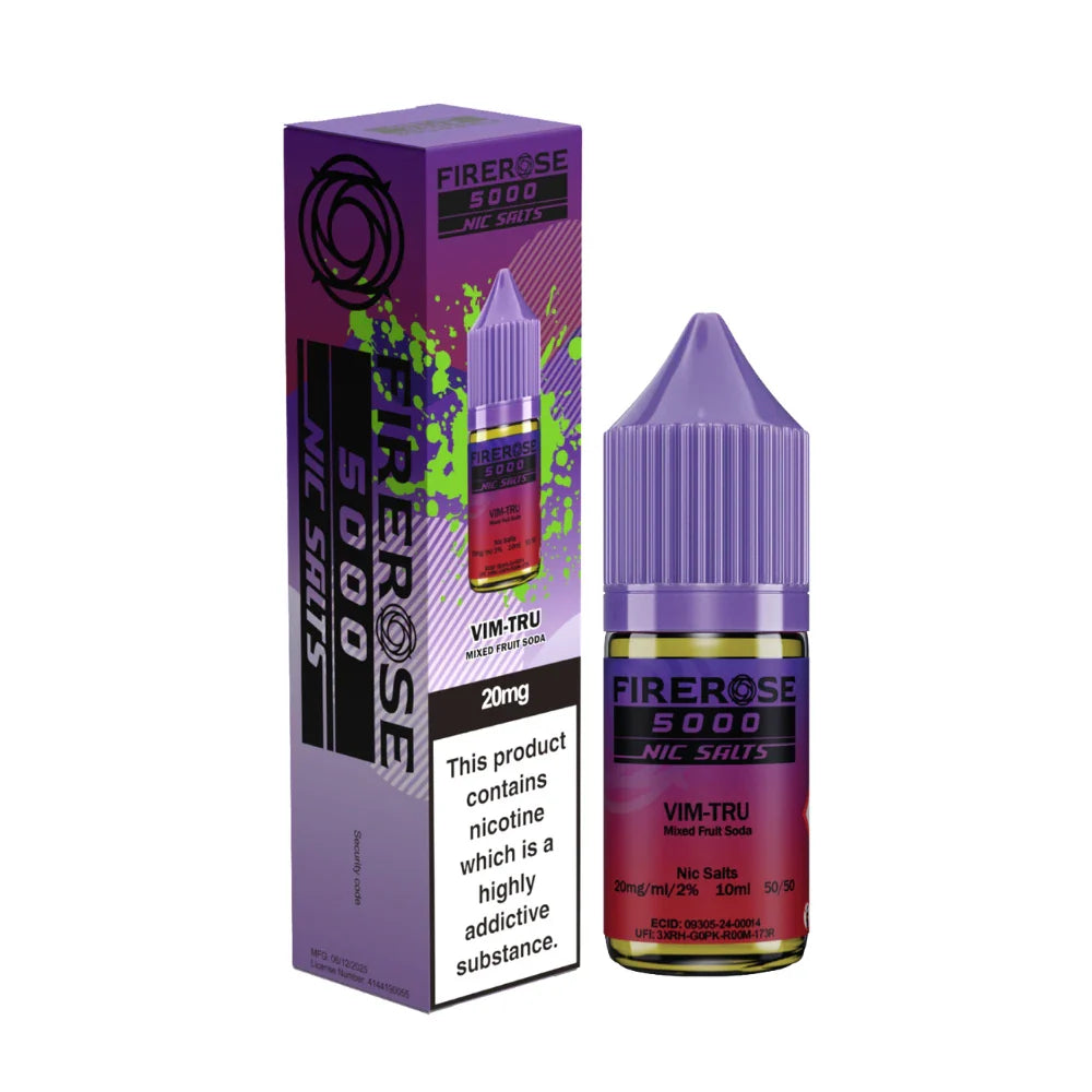 Elux Firerose 5000 nic salt e-liquid bottle in "Vim Tru" flavour with colourful packaging on a white background.