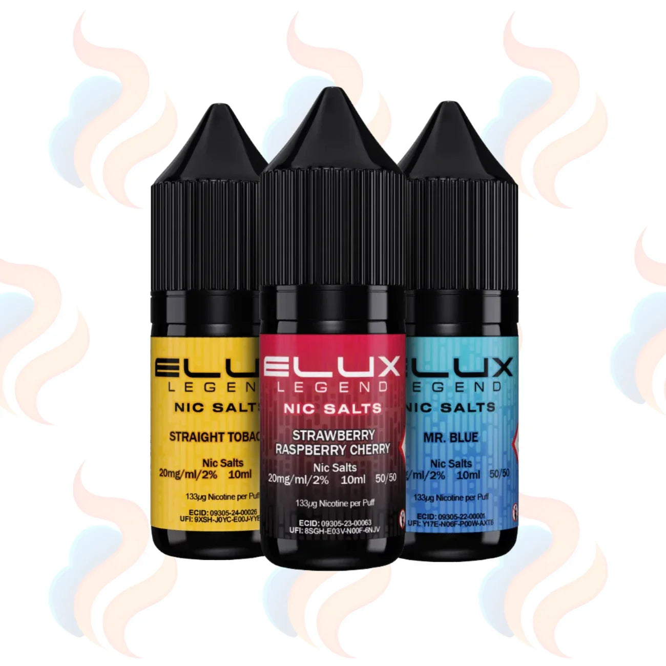 Three Elux Legend Salts 10mg & 20mg E-liquids on a white background with UK Vape Supply Logo