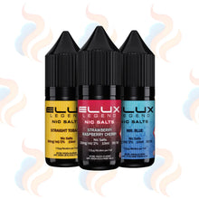 Three Elux Legend Salts 10mg & 20mg E-liquids on a white background with UK Vape Supply Logo