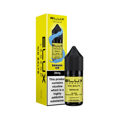Elux Legend Nic Salts Banana Ice vape juice bottle and packaging on a white background