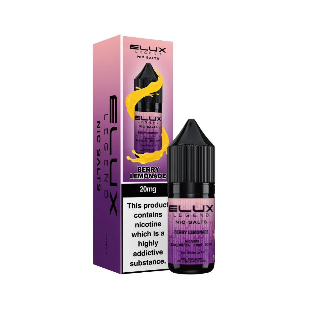 Elux Legend Nic Salts Berry Lemonade vape juice bottle and packaging on a white background