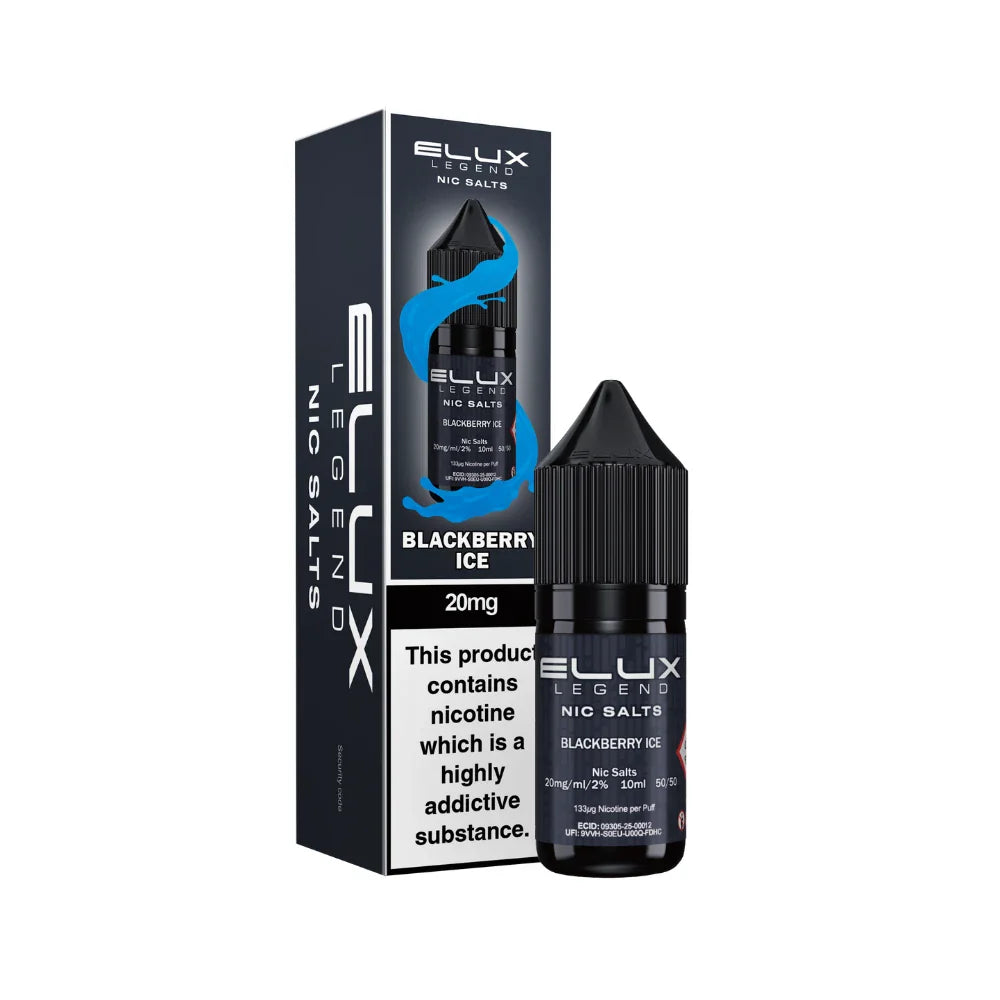 Elux Legend Nic Salts Blackberry Ice vape juice bottle and packaging on a white background