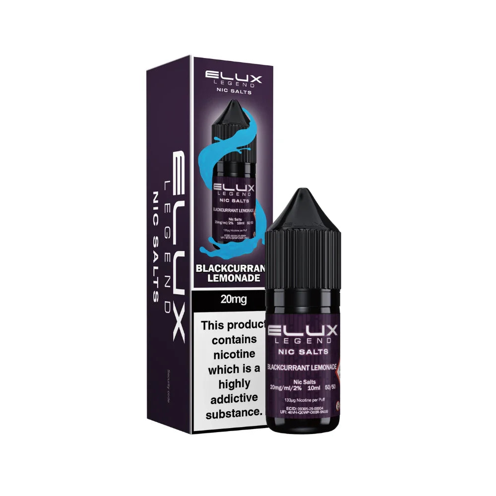 Elux Legend Nic Salts Blackcurrant Lemonade bottle and packaging on a white background