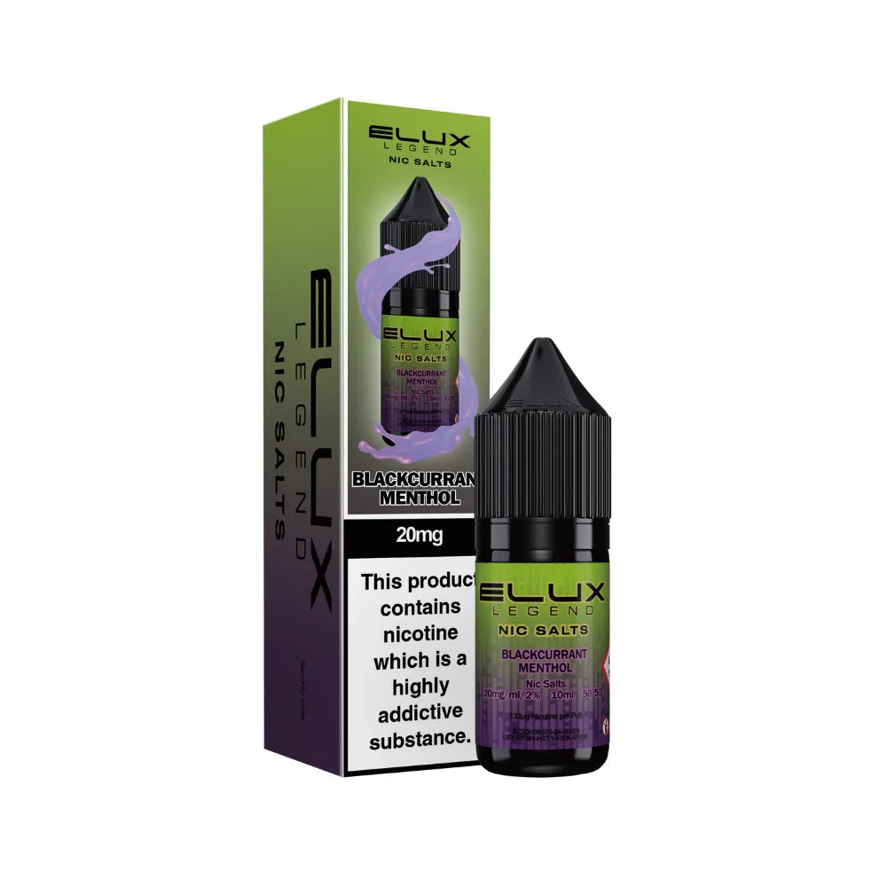 Elux legend nic salts blackcurrant menthol flavoured juice bottle and packaging on a white background