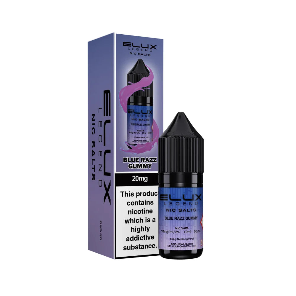 Elux Legend Nic Salts Blue Razz Gummy vape juice bottle and packaging on a white background