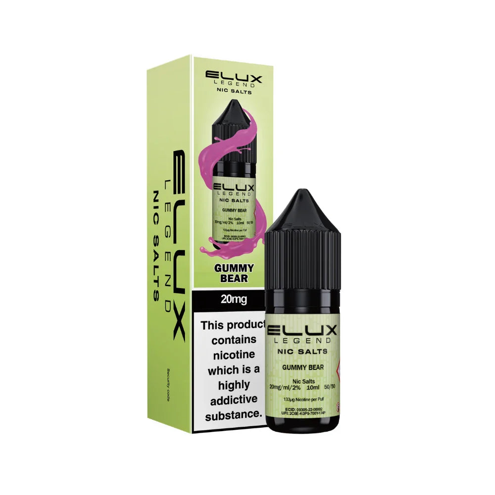 Elux Legend Nic Salts Gummy Bear vape juice bottle and packaging on a white background