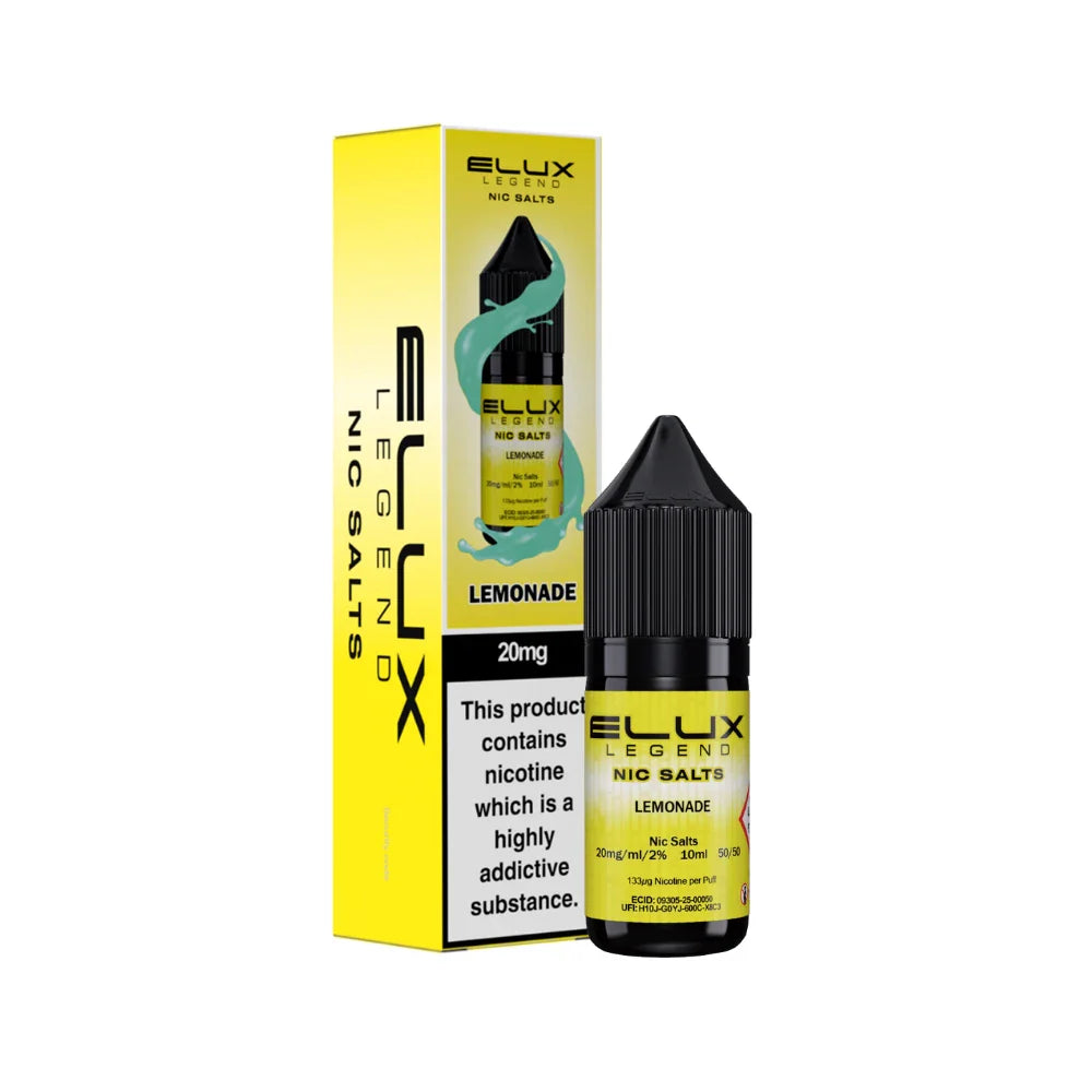 Elux Legend Nic Salts Lemonade vape juice bottle and packaging on a white background