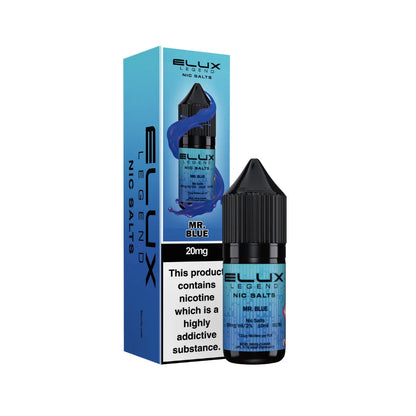 Elux Legend Nic Salts MR Blue vape juice bottle and packaging on a white background