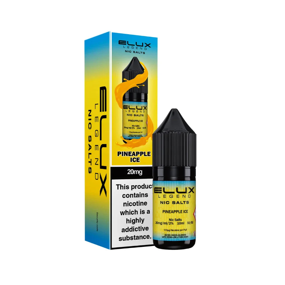Elux Legend Nic Salts Pineapple Ice vape juice bottle and packaging on a white background