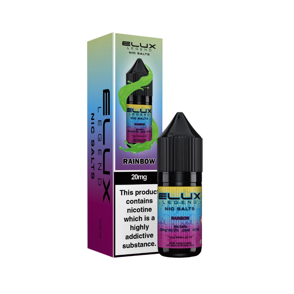 Elux Legend Nic Salts Rainbow vape juice bottle and packaging on a white background