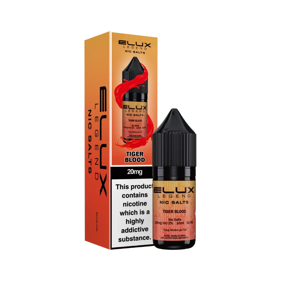 Elux Legend Nic Salts Tiger Blood vape juice packaging on a white background