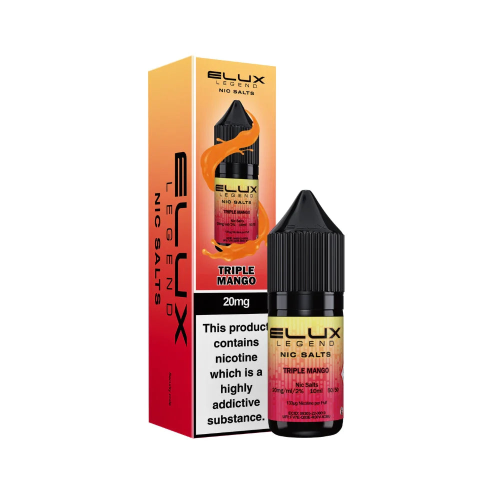Elux Legend Nic Salts Triple Mango vape juice bottle and packaging on a white background