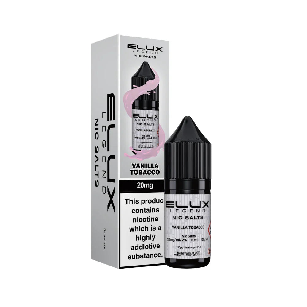 Elux Legend Nic Salts Vanilla Tobacco e-liquid bottle and packaging on a white background