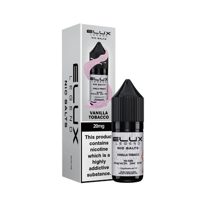 Elux Legend Nic Salts Vanilla Tobacco e-liquid bottle and packaging on a white background