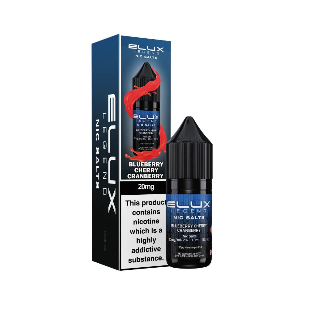 Elux Legend Nic Salts Blueberry Cherry Cranberry bottle and packaging on a white background