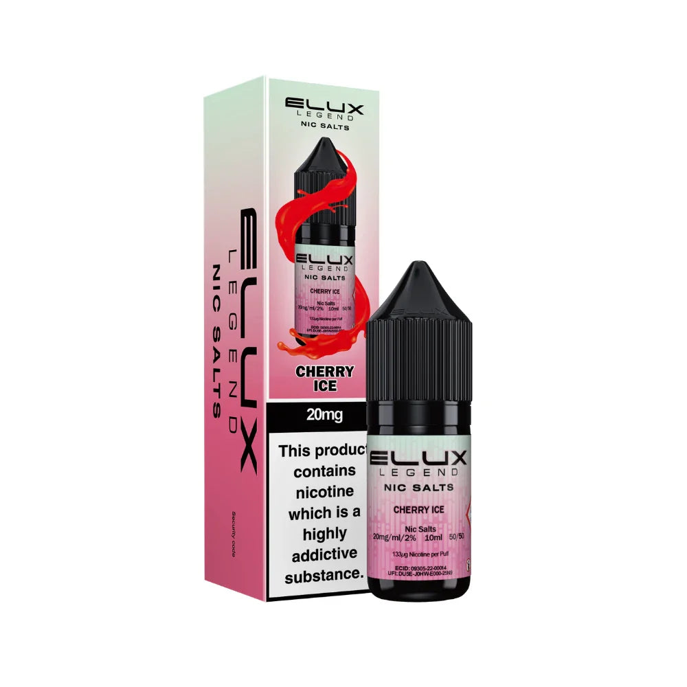 Elux legend nic salts cherry ice nicotine salt packaging and bottle on a white background