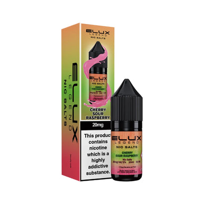 Elux Legend nicotine salt Cherry Sour Raspberry bottle and packaging on a white background