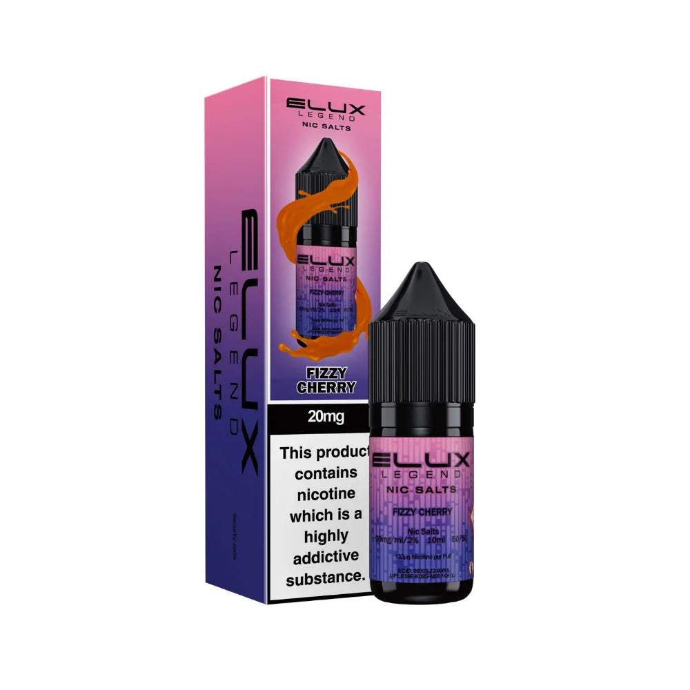Elux Legend Nic Salts Fizzy Cherry vape juice bottle and packaging on a white background