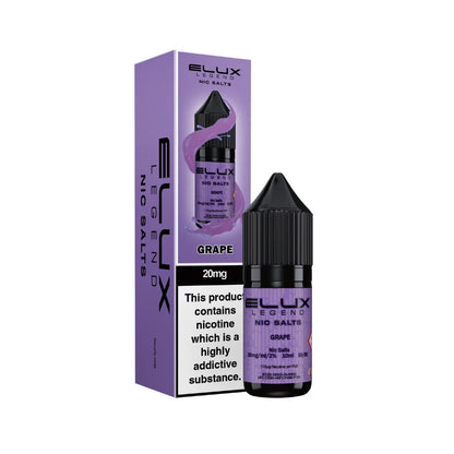 Elux Legend Nic Salts Grape e-liquid bottle and packaging on a white background