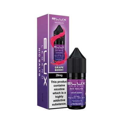 Elux Legend Nic Salts Grape Berry e-liquid bottle and packaging on a white background